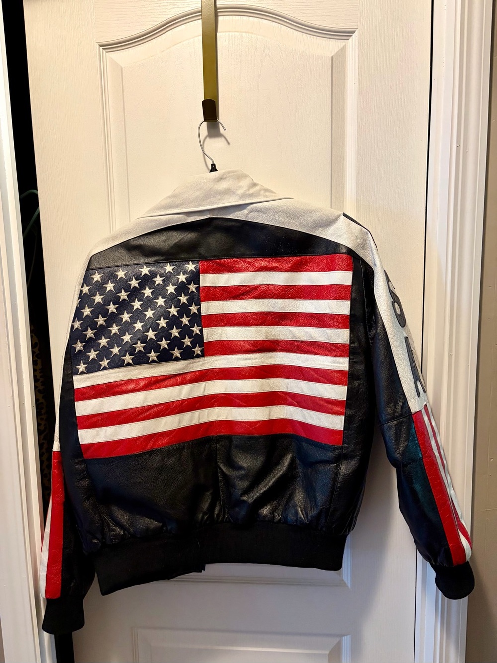 Michael Hoban WHEREMI American Flag Leather Bomber Jacket - Red White Blue